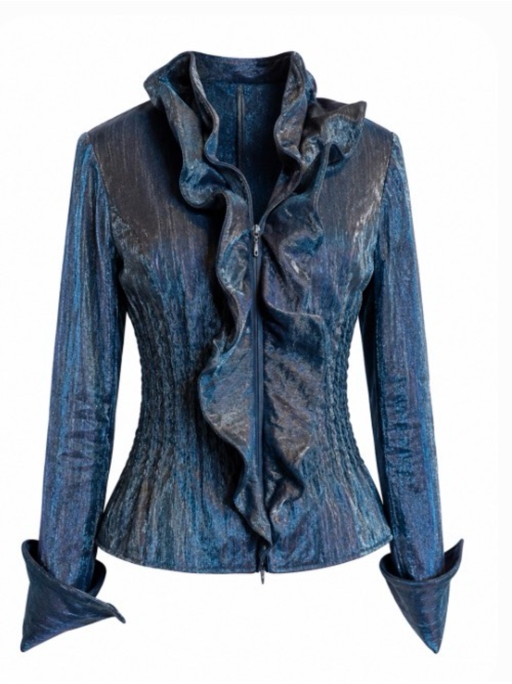 Samuel Dong Blue Ruffled Zip-Front Women's Jacket - Size Small